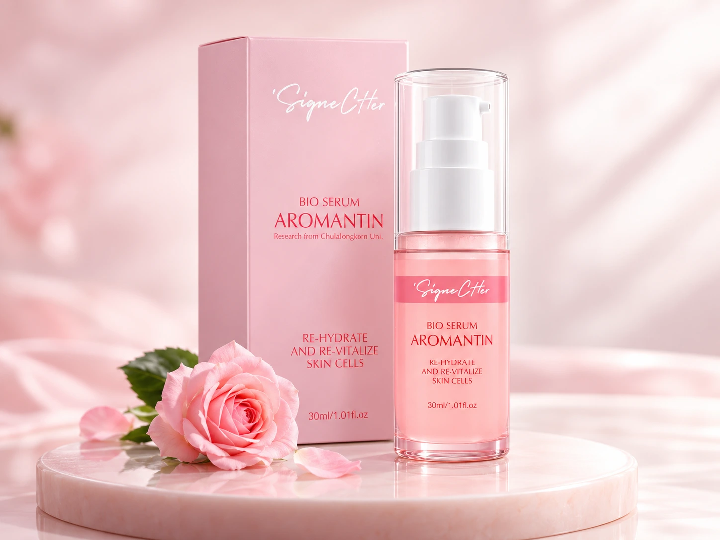 ภาพจัดแสดงขวดและกล่อง Aromantin Bio Serum
