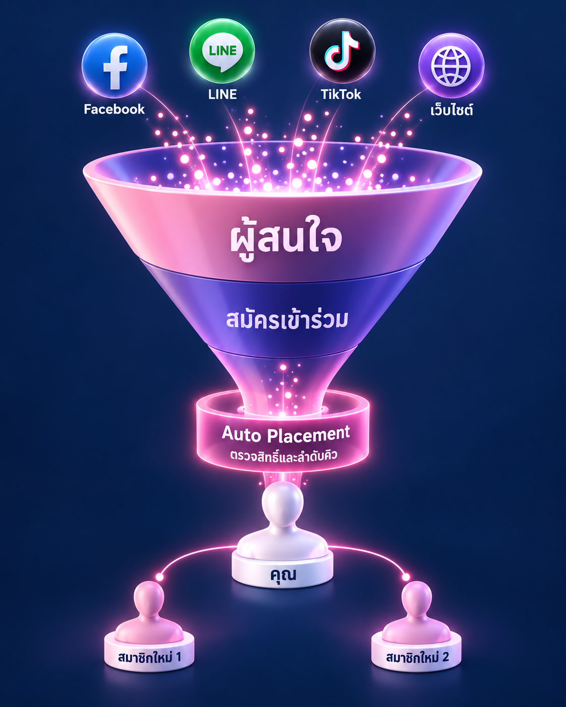 Facebook LINE TikTok และเว็บไซต์ รวมผู้สนใจผ่านกรวยสมัครเข้าร่วมและระบบ Auto Placement ตรวจสิทธิ์และลำดับคิว ก่อนต่อสายงานให้คุณเป็นสมาชิกใหม่ 2 คน